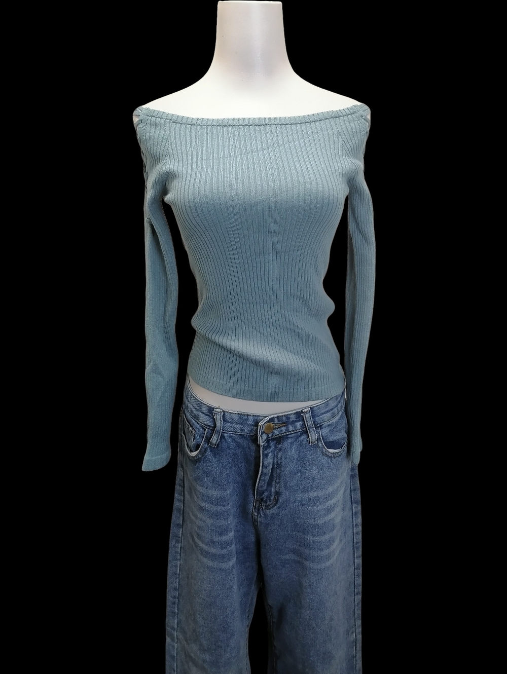 🔵🔵🔵 Off-Shoulder Ribbed Long-Sleeve Sweater - Light Blue